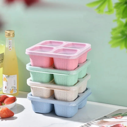 Square Divider Bento Box Reusable 4-compartment Food Container Snack Nuts With Lid Wheat Straw Lunch Box Kitchen Supplies