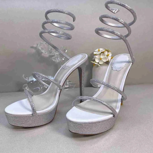 Gladiator Sandals Designer Woman Rhinestone Ankle Snake Pumps New Female Around Wedding Shoes Super High Heel Platform Sandals