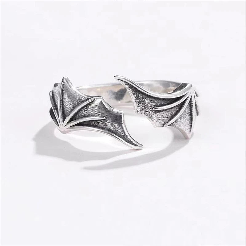 RAKOL Angel Wings Retro Open Ring Set For Lovers Women Men Design Ancient Silver Devil Wings Couple Ring Party Jewelry