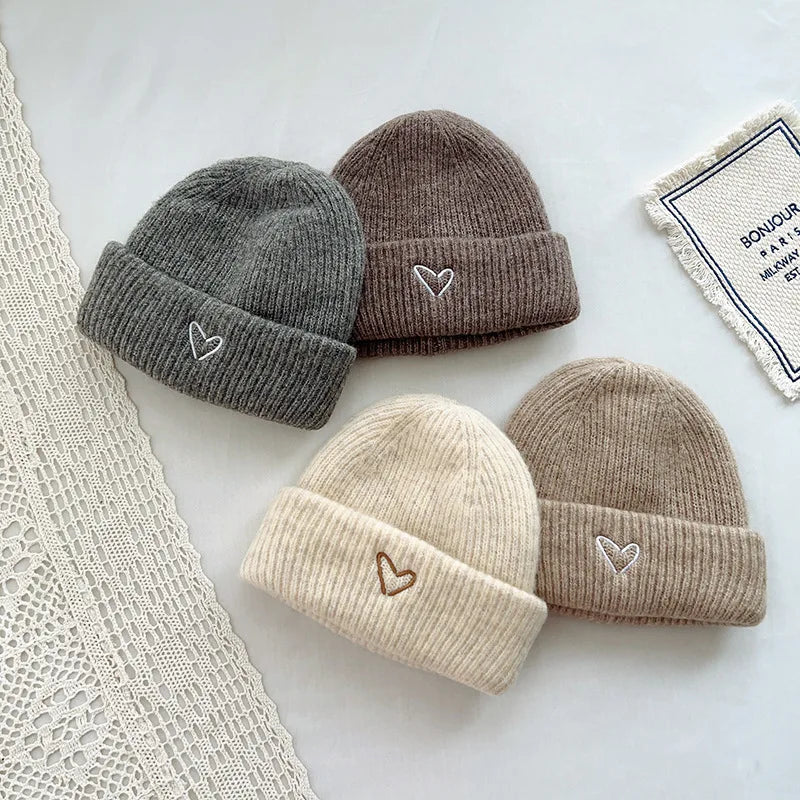 Love Heart Embroidery Baby Knit Hats Winter Children Solid Color Thick Soft Crochet Warm Beanie Cap Kids Korean Outdoor Warm Hat