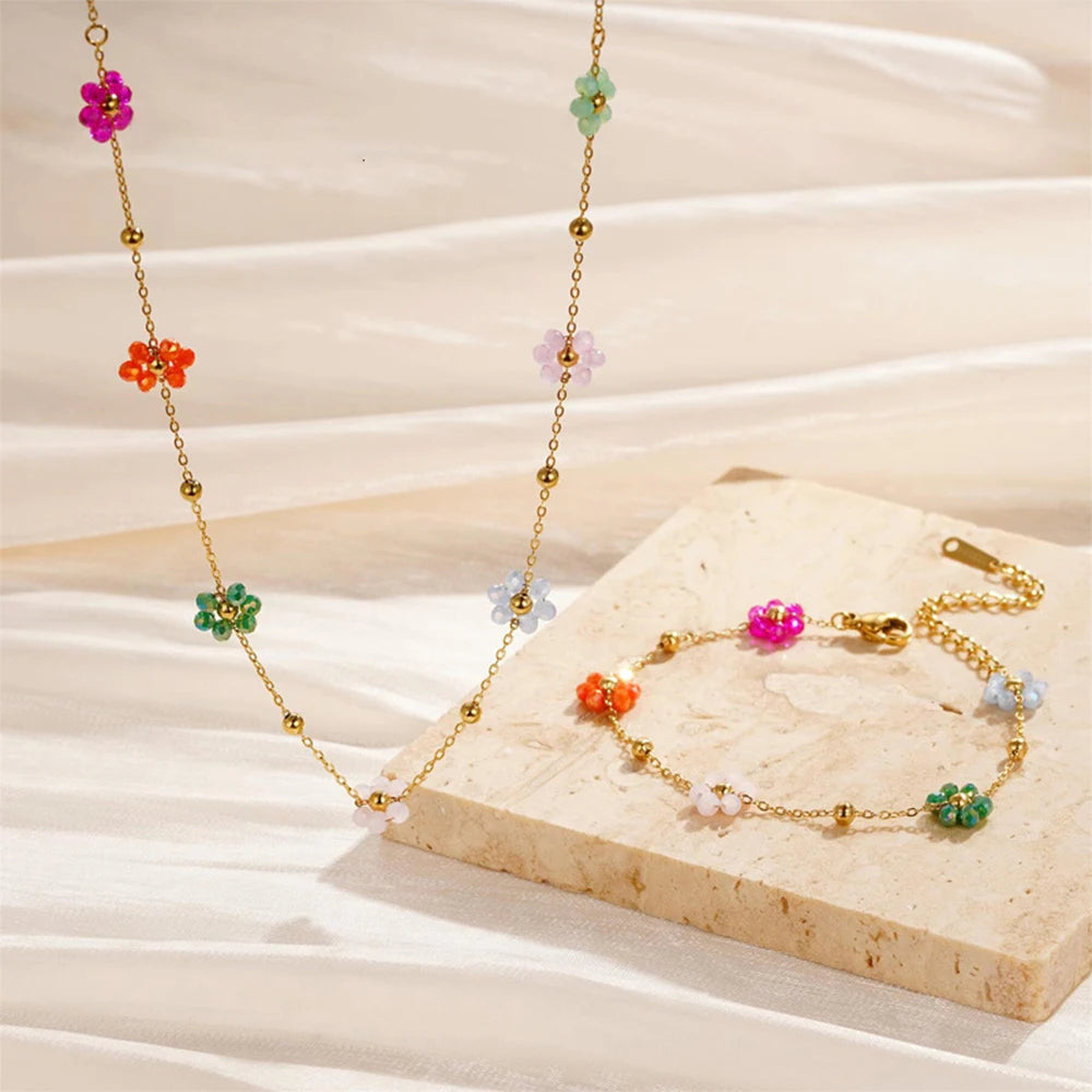 Gold Plated Stainless Steel Waterproof Necklace Bracelet Set Colorful Artificial Crystal Flower Chain Jewelry Set for Women Gift