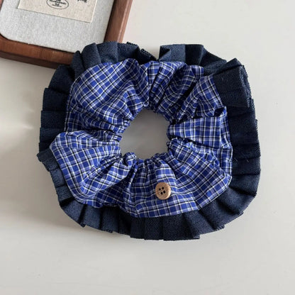 Korean New Design Blue Plaid High-Grade Retro Preppy Style Elastic Scrunchie Small Bun Head Rope Hair Accessories