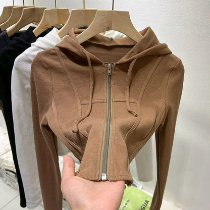 Zipper Hoodes Sweatshirt Korean Women Thin Skinny Casual Sporty Cropped Tops Basic Simple Tennis Jazz Dance Sexy Cardigan