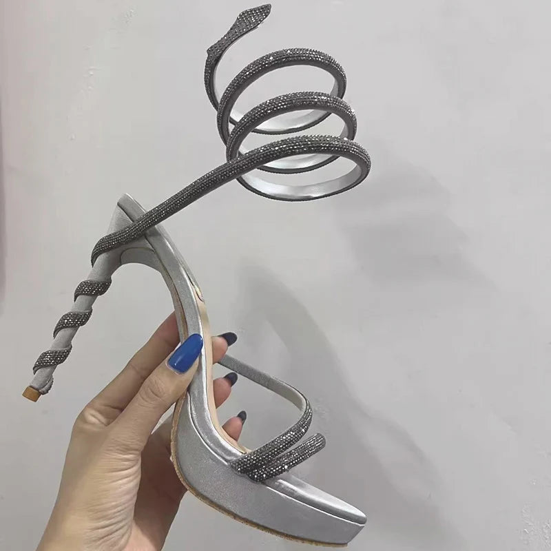 New Rhinestone Snake-Shaped Sandals Woman Open Toe Stiletto High Heels Woman Platform Shoes Women Sandalias de las mujeres