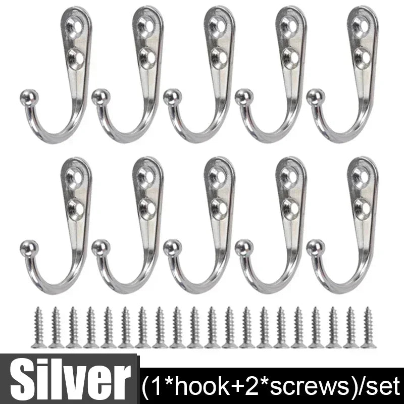 10Set Alloy Hooks with Screws Wall Mounted Hanging Hangers for Coat Towel Bags Caps Hook Kitchen Bathroom Storage Rack Holders