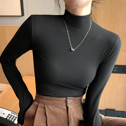 2024 New Knitted Half-turtleneck Pullovers Women Bottom Shirts Sweater Jumper Elegant Korean Fashion Long-sleeved Tops Knitwear