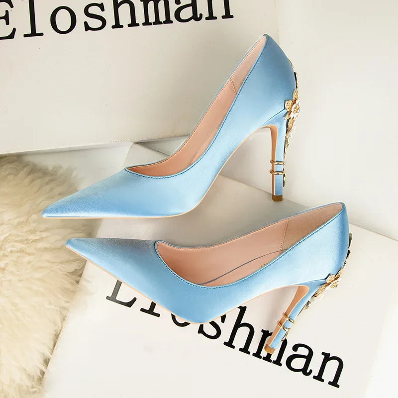 Fashionable light luxury sexy women's shoes,fashionable floral slim heels, high heels, wedding shoes, pointed satin single shoes