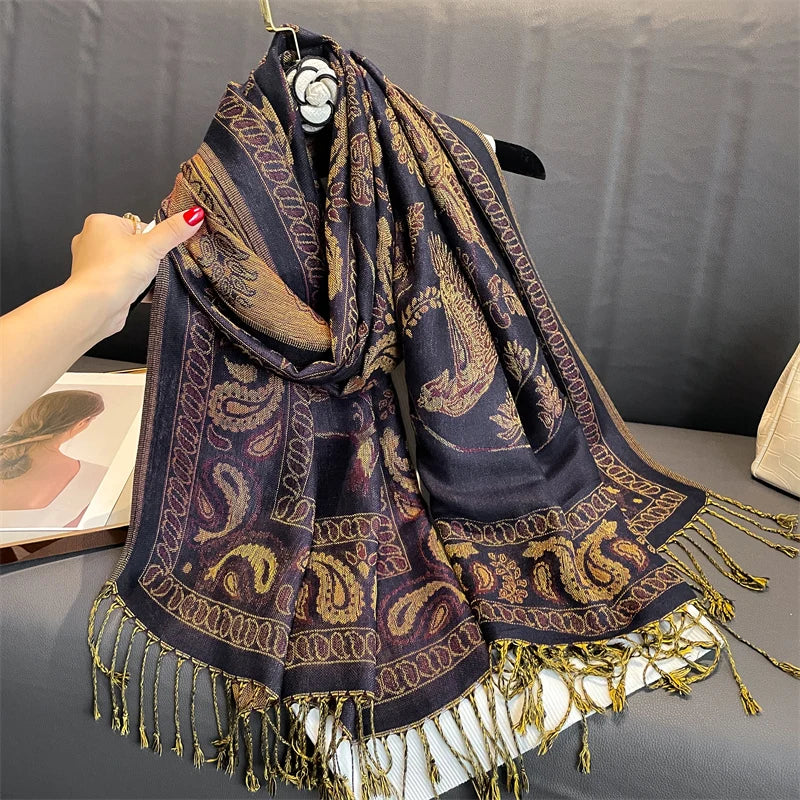 Tassel Blanket Design Thick Pashmina New Winter Warm Shawl Wrap Cashmere Scarf Women Neckerchief Poncho Stoles 2024