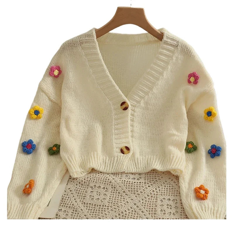 PTKPCC New Autumn Colourful Applique Flower Cardigan for Women Cute Long  V-neck Knit Crop Sweater Girl Soft Knitwear