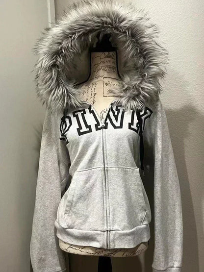 Vintage Y2k Aesthetic Grunge Letter Print Zippers Hoodies Women Coat Casual Gray Femme Korean Fur Patchwork Hooded Sweatshirts