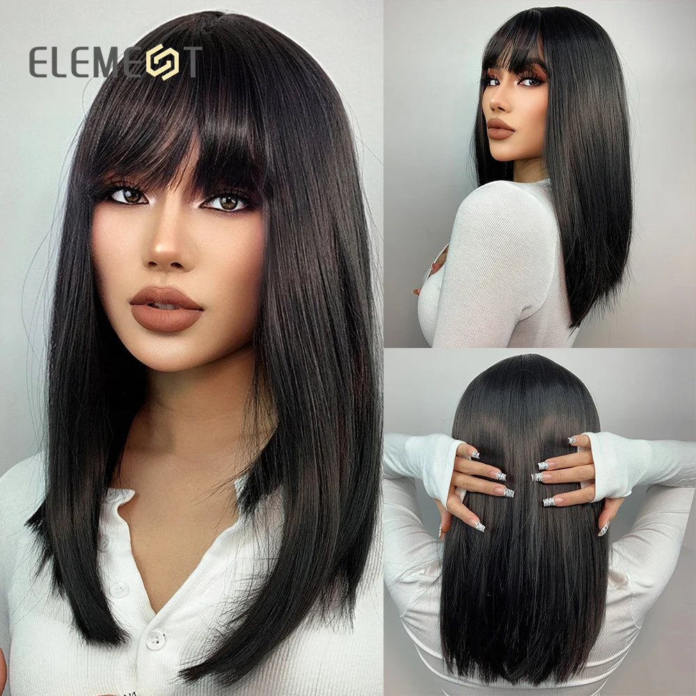 Element 16 Inch Synthetic Wig With Bangs Natural Headline Ombre Brown Color Fashion Cosplay Party Replacement Wigs for Women