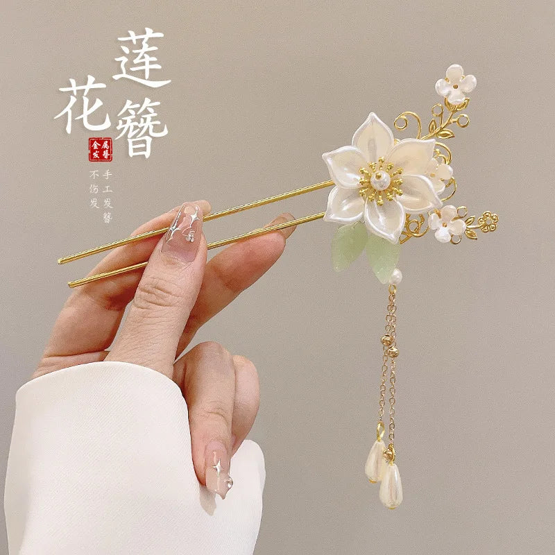 Elegant Chinese Style Hair Accessory Romantic Enameled Flower Tassel Hair Clip Alloy Jewelry Hairpin For Women Fashion Hairpin