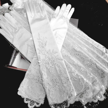 Women Satin Smooth Long Lace Flower Embroidery Hollow Banquet Wedding Bride Gloves Opera Elegant Evening Dress Accessories