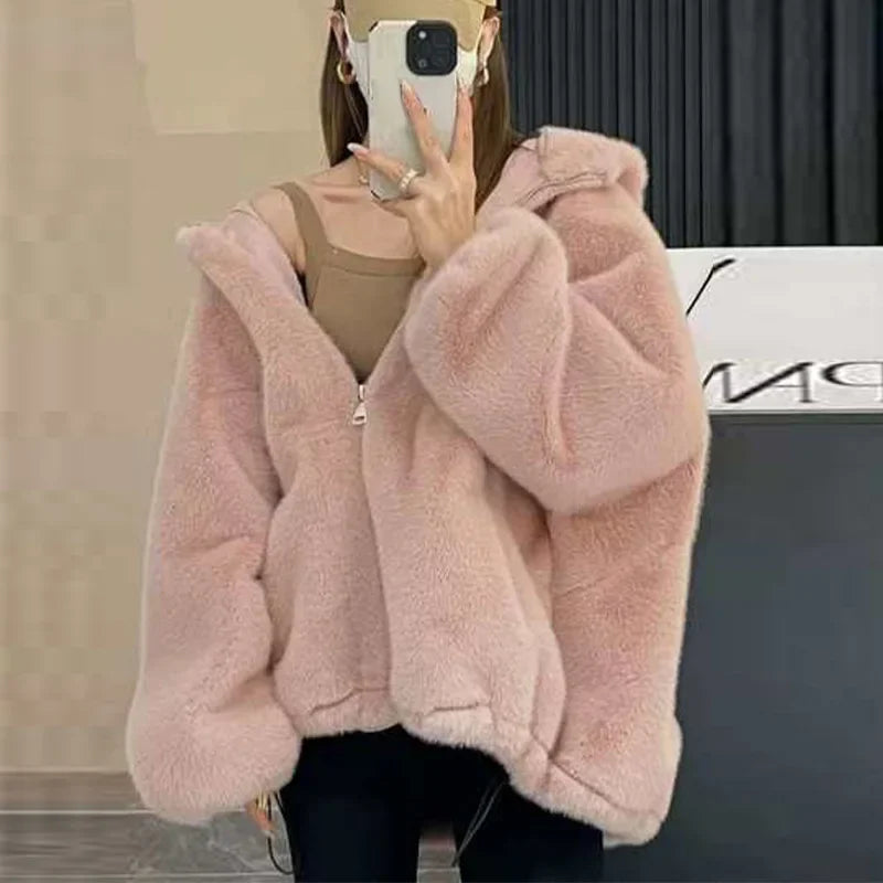 Faux Fur Coat Women Casual Hoodie Loose Fluffy Thicken Warm Jacket Female Winter Fashion Solid Zipper Warm Outwears Lady