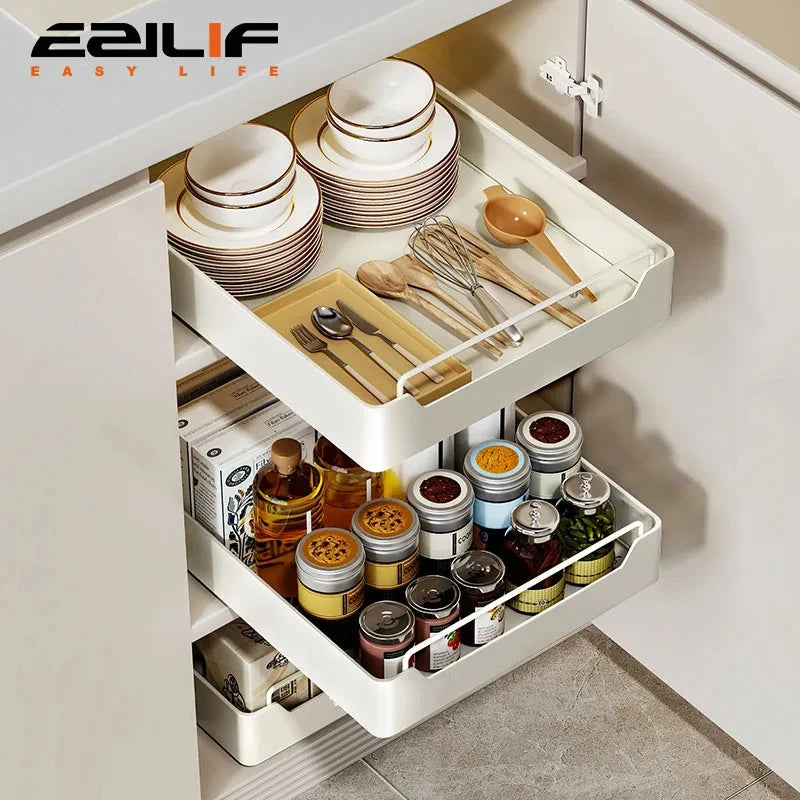 Kitchen Storage Box with Sliding Rail Pull-out Cabinet Storage Rack Spice Pantry Shelves Drawer Kitchen Organizer Basket