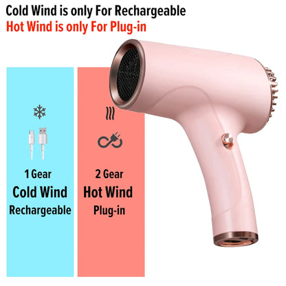 Portable Handy Hairdryer 2600mah Cordless Lonic Hair Dryer 40/500W USB Rechargeable Powerful 2 Gears for Travel Home Dormitory