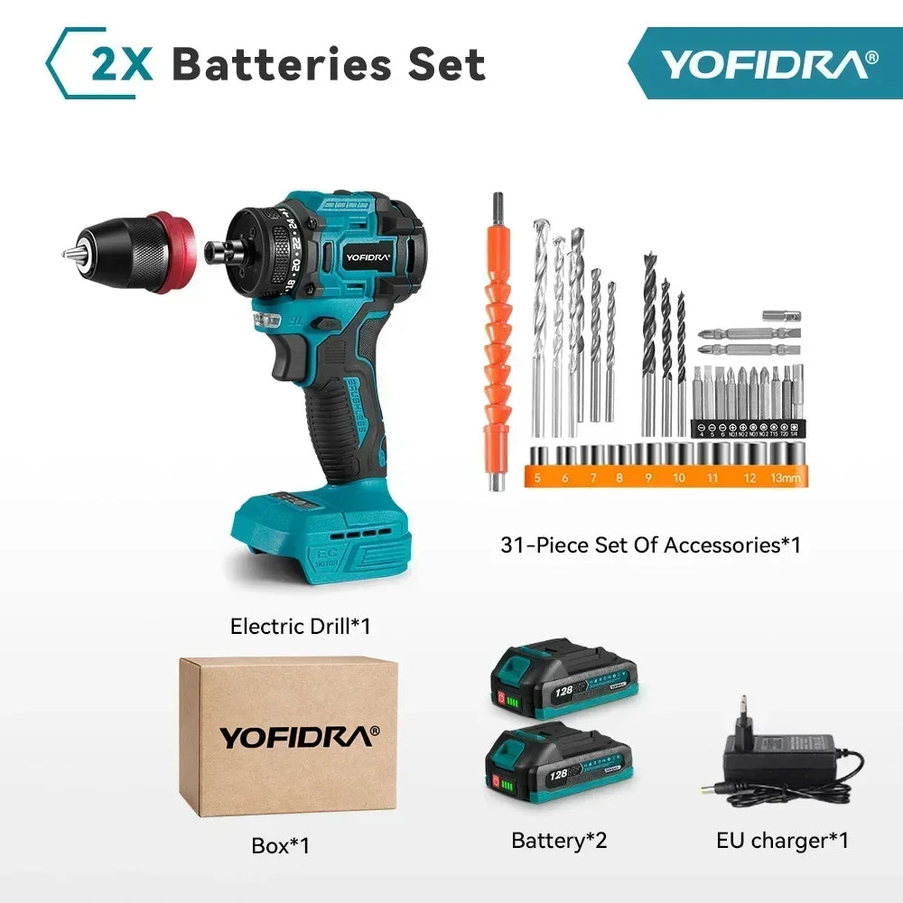 YOFIDRA 2 in1 Brushless Electric Screwdriver Hammer Cordless Drill Impact Multifunctional Power Tool  For Makita 18V Battery