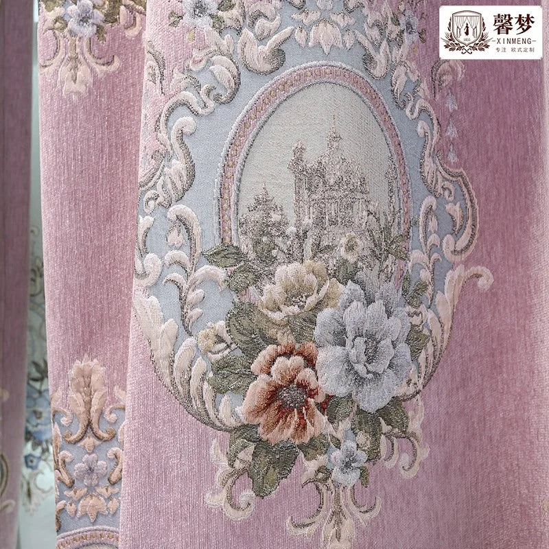 New Pink Purple European Relief Jacquard Chenille Window Screen Curtains for Living Room Bedroom French Window Balcony Custom