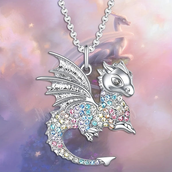 Exquisite Fashion Dragon Pendant Necklace Domineering Animal Necklace Inlaid with Colorful Rhinestones Perfect Gift for Girls