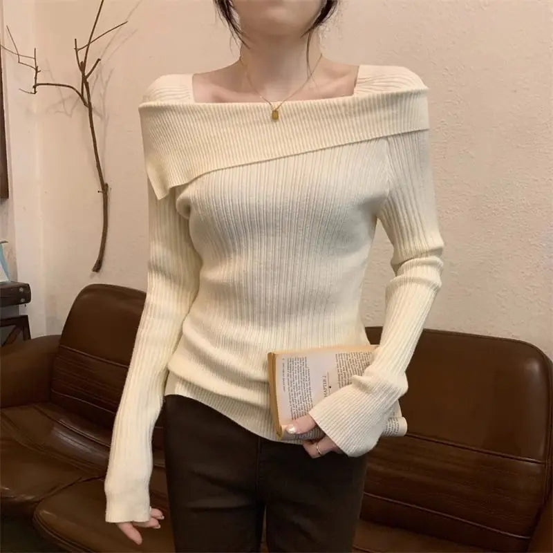 High End Niche Design with a Lapel and One Shoulder Slim and Versatile Knit Shirt for Women's Hot Girls