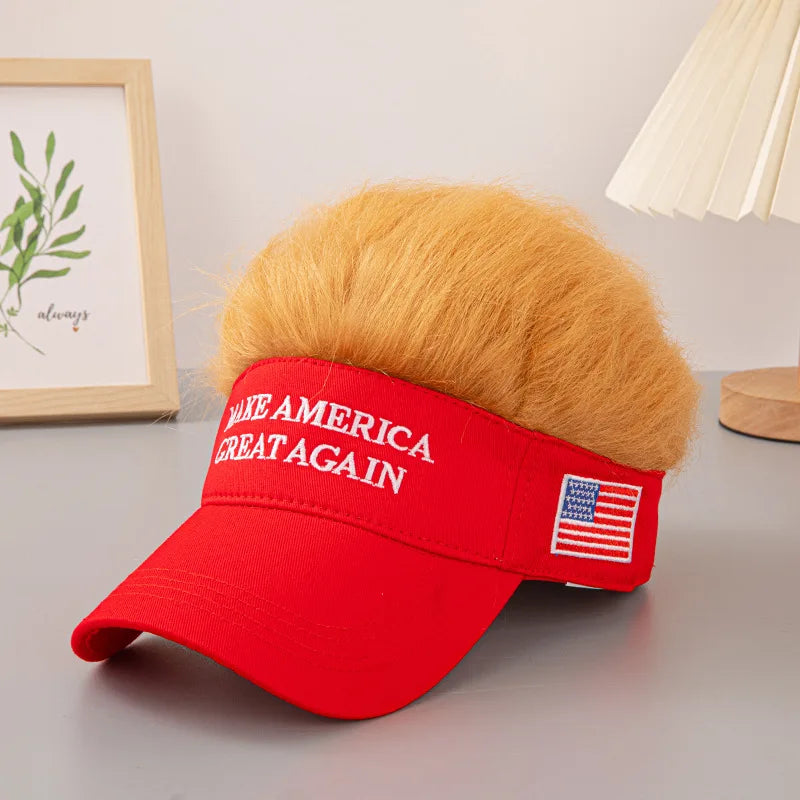 Make America Great Again 2024 Election Yellow Hair Wig Cap Trump Hip Hop Baseball Fashion Funny Embroidered Hat with Wide Brim