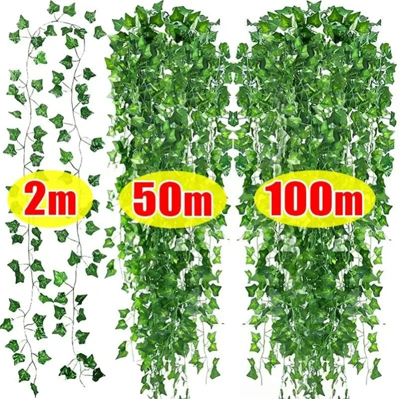 100/2M Artificial Green Ivy Vine Garland Fake Leaf Plants Rattan Hanging Creeper Garlands for Garden Wedding Party Wall Decors