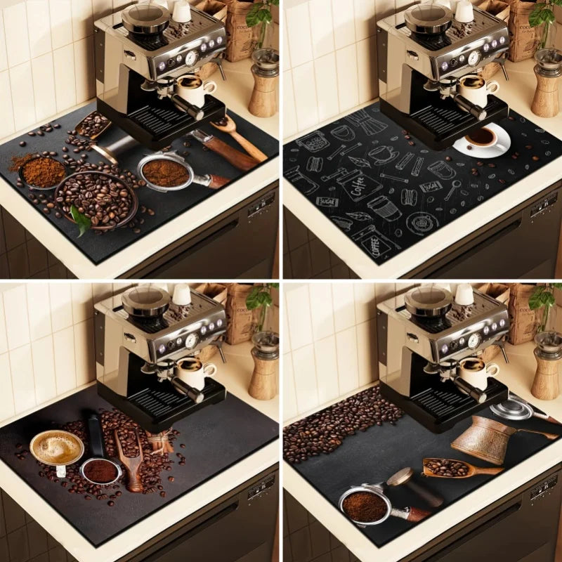 Coffee Print Dish Drying Mat Cafe Decor Table Pads Kitchen Super Absorbent Diatom Mud Rug Washable Tableware Drain Pad for Home