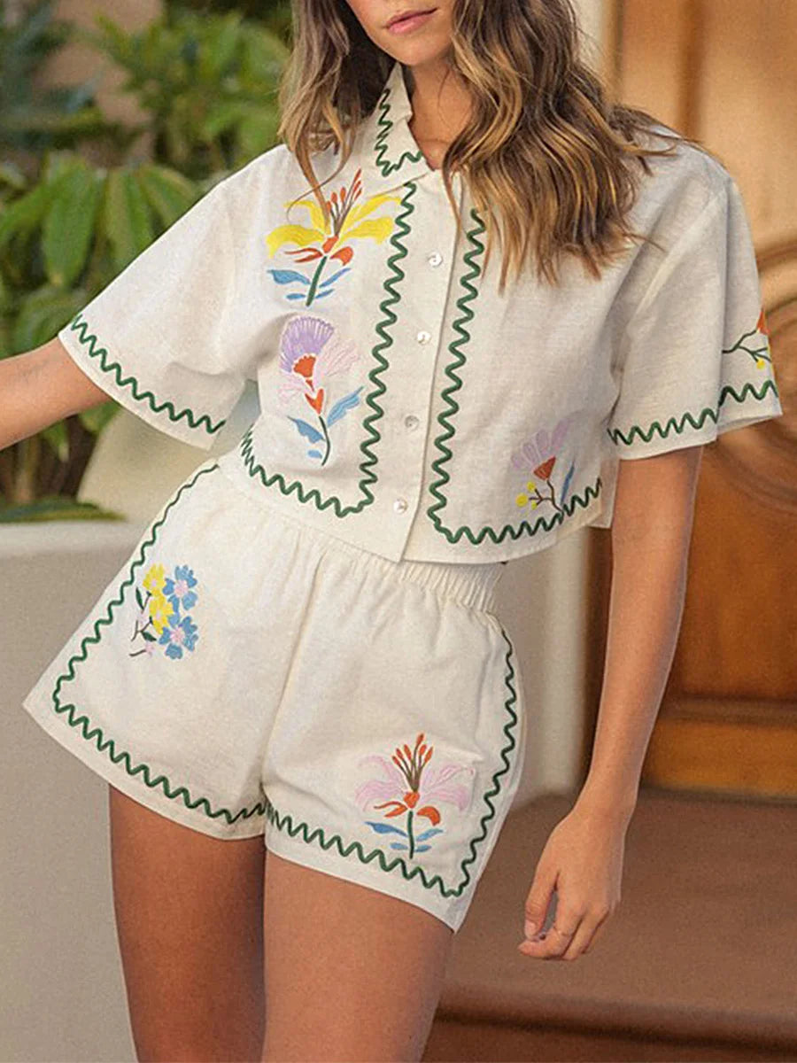 Summer Comfy 2 Piece Outfits Women Floral Printed Short Sleeve Button Down Shirt Shorts Set Summer Beach Pajamas Night Set