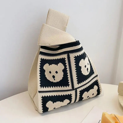 Handmade Knit Handbag Women Mini Knot Wrist-bag Female Casual Color Wide Stripe Plaid Tote Bag Student Reusable Shopping Bag