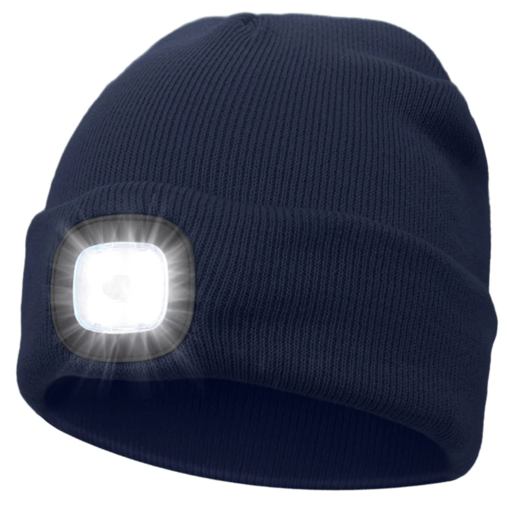 Unisex 4 LED Beanie Hat Hands Free Headlamp Cap for Men and Women Winter Knit Lighted Headlight Hats Portable Headlamp Torch