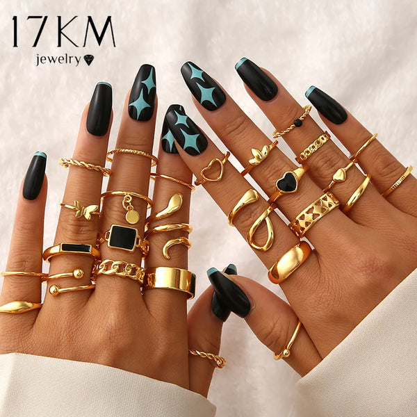 Fashion Vintage Gold Color Snake Ring For Women Female 2023 New Trendy Geometry Punk Black Heart Butterfly Rings Set  Jewelry