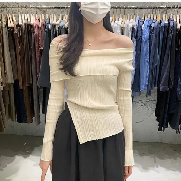 Shirts for Women Off Shoulder Pullover Slim Bottom Casual Knitted Long Sleeve Top Jersey Mujer Black Sweater Sueter White