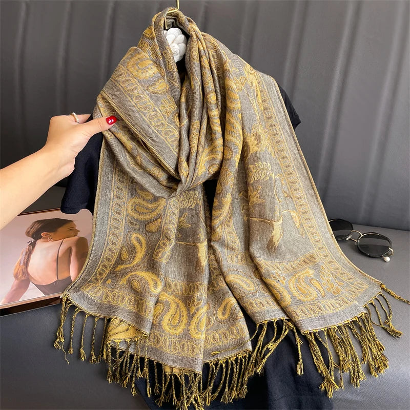 Autumn Stylish Jacquard Tassel Scarf Vintage Mature Paisley Print Shawl Going Out Warm Windproof Blanket Scarf