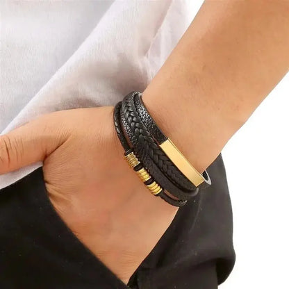 Multi Layers PU Leather Mens Magnut Closure Bracelet Waved Leather Gold Color Metal Tube Charm Fashion Mens Jewelry Hiphop