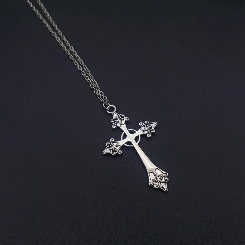 Large Detailed Cross Drill Pendant Jewel Necklace Silver Color Tone Gothic Punk Jewellery Fashion Charm Statement Women Gift(Red