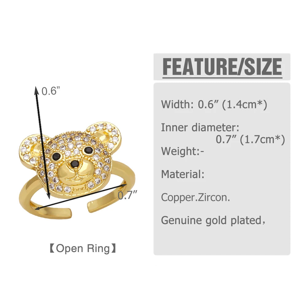 OCESRIO Multicolor Crystal Cute Bear Rings for Women Copper Gold Plated CZ Animal Open Ring Jewelry Women Girl Gift rigk70