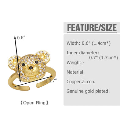 OCESRIO Multicolor Crystal Cute Bear Rings for Women Copper Gold Plated CZ Animal Open Ring Jewelry Women Girl Gift rigk70