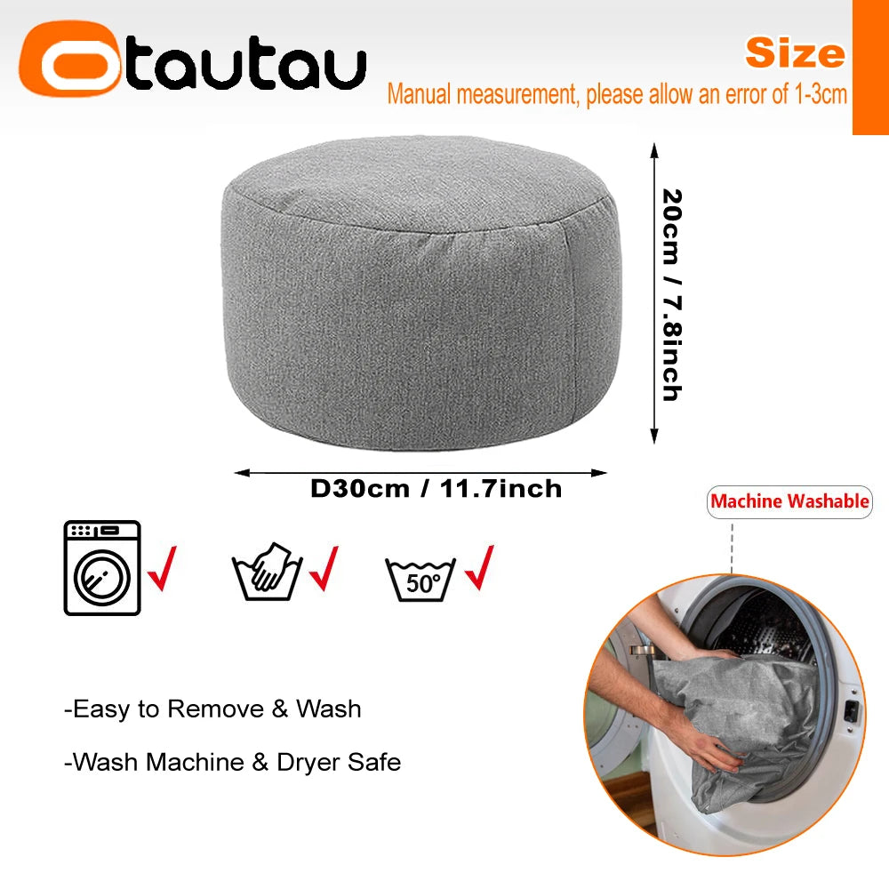 OTAUTAU Round Stool D30cm*H20cm Linen Bean Bag Ottoman with Filling Beanbag Pouf Footstool Tatami Futon Puff JD001