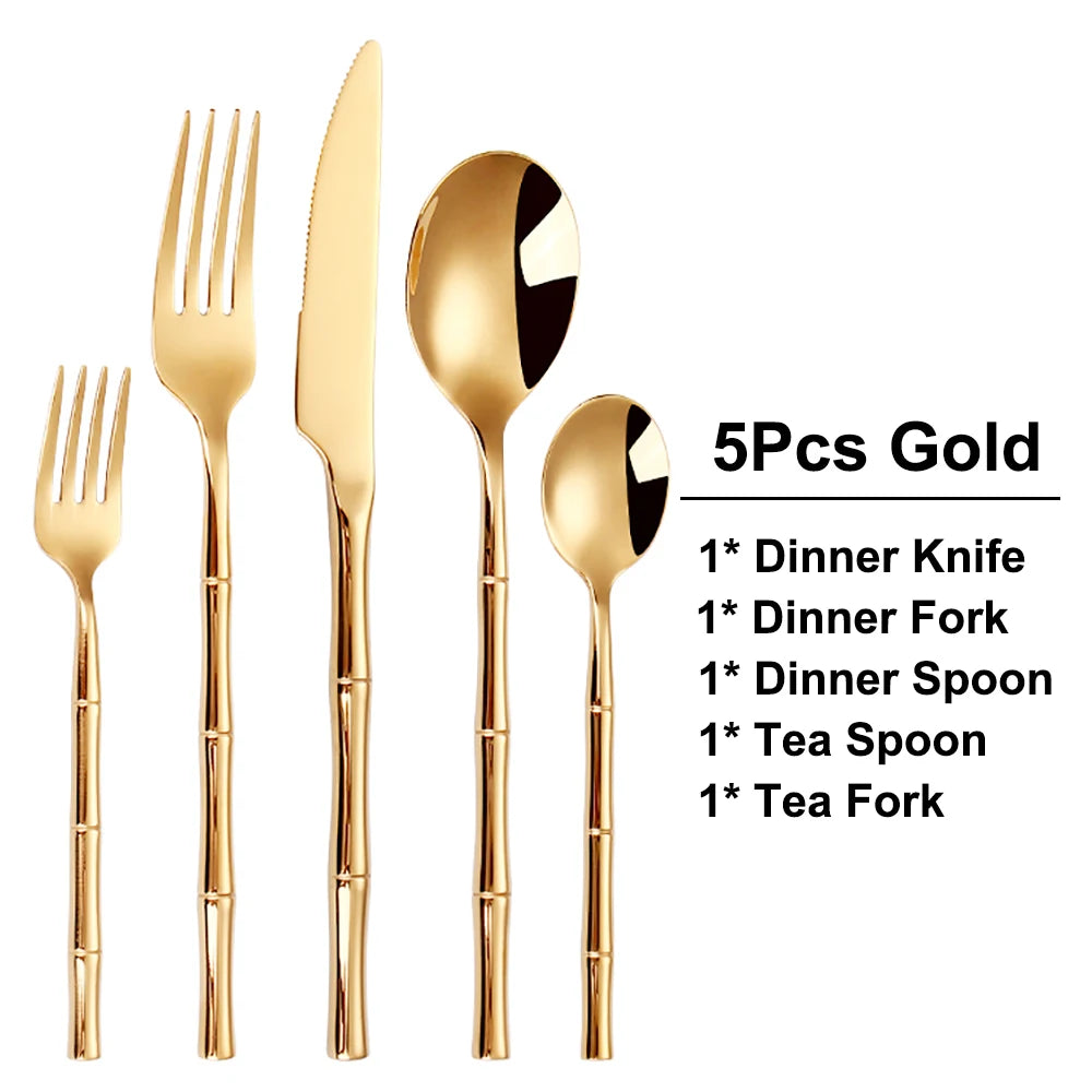 10/15/20/25/30pcs Sliver Dinner Set Stainless Steel Western Tableware Mirror Cutlery Bamboo Style Spoon Fork Kitchen Utensils