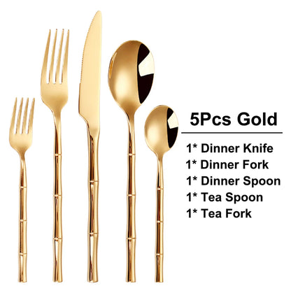 10/15/20/25/30pcs Sliver Dinner Set Stainless Steel Western Tableware Mirror Cutlery Bamboo Style Spoon Fork Kitchen Utensils