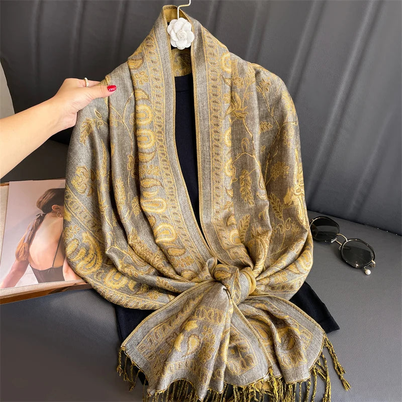 Autumn Stylish Jacquard Tassel Scarf Vintage Mature Paisley Print Shawl Going Out Warm Windproof Blanket Scarf