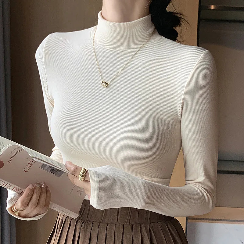 2024 New Knitted Half-turtleneck Pullovers Women Bottom Shirts Sweater Jumper Elegant Korean Fashion Long-sleeved Tops Knitwear