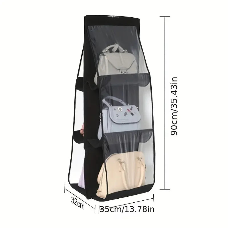 Foldable Oxford Fabric Handbag Organizer: 6-Pocket Storage for Black Handbags, Ideal for Family Closet & Bedroom Use.