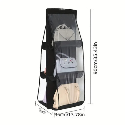 Foldable Oxford Fabric Handbag Organizer: 6-Pocket Storage for Black Handbags, Ideal for Family Closet & Bedroom Use.