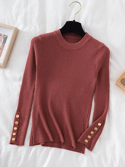 2025 women thick sweater pullovers khaki casual autumn winter button o-neck chic sweater female slim knit top soft jumper tops