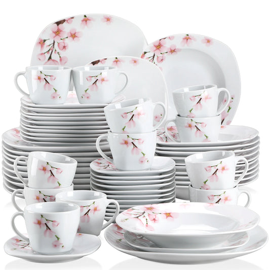 VEWEET ANNIE 60-Piece White Ceramic Pink Floral Porcelain Plate Set with Dinner Soup Dessert Plate ,Cups Saucers for 12 Person