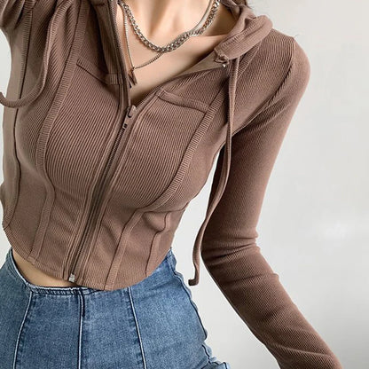 Thin Hooded Cardigan Women Korean Vintage Slim Summer Solid Sports Jacket Vertical Pit Stripe Zipper Female Sexy Cropped Tops