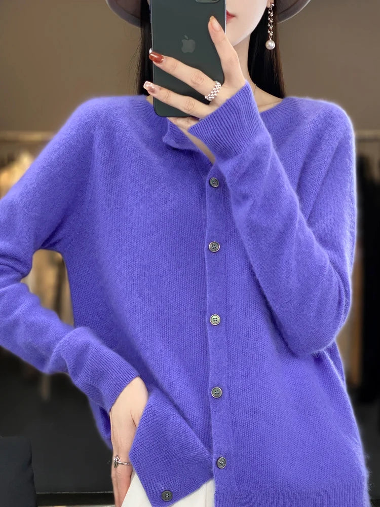 Long Sleeve 100% Merino Wool Sweaters Cashmere Cardigan Spring Autumn Women O-Neck Knitwear Tops Clothing Fashion Basic Tops