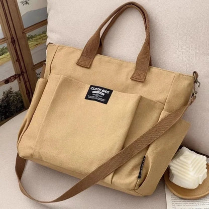 Urban Minimalist Female Student Large Capacity Commuting Horizontal Canvas Single Shoulder Diagonal Cross Portable Tote Bag