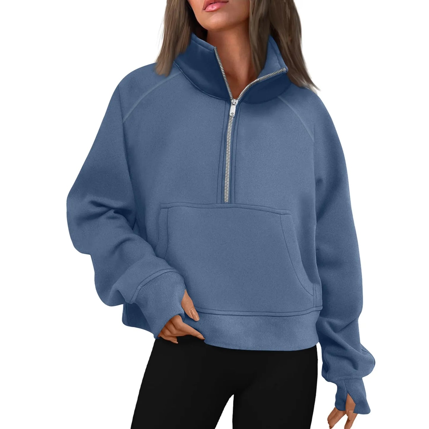 Women's Stand Collar Plus Fleece Solid Color Hoodie  Long Sleeve Pocket Loose Half Zip Pullover Hoodie Top лонгслив женский